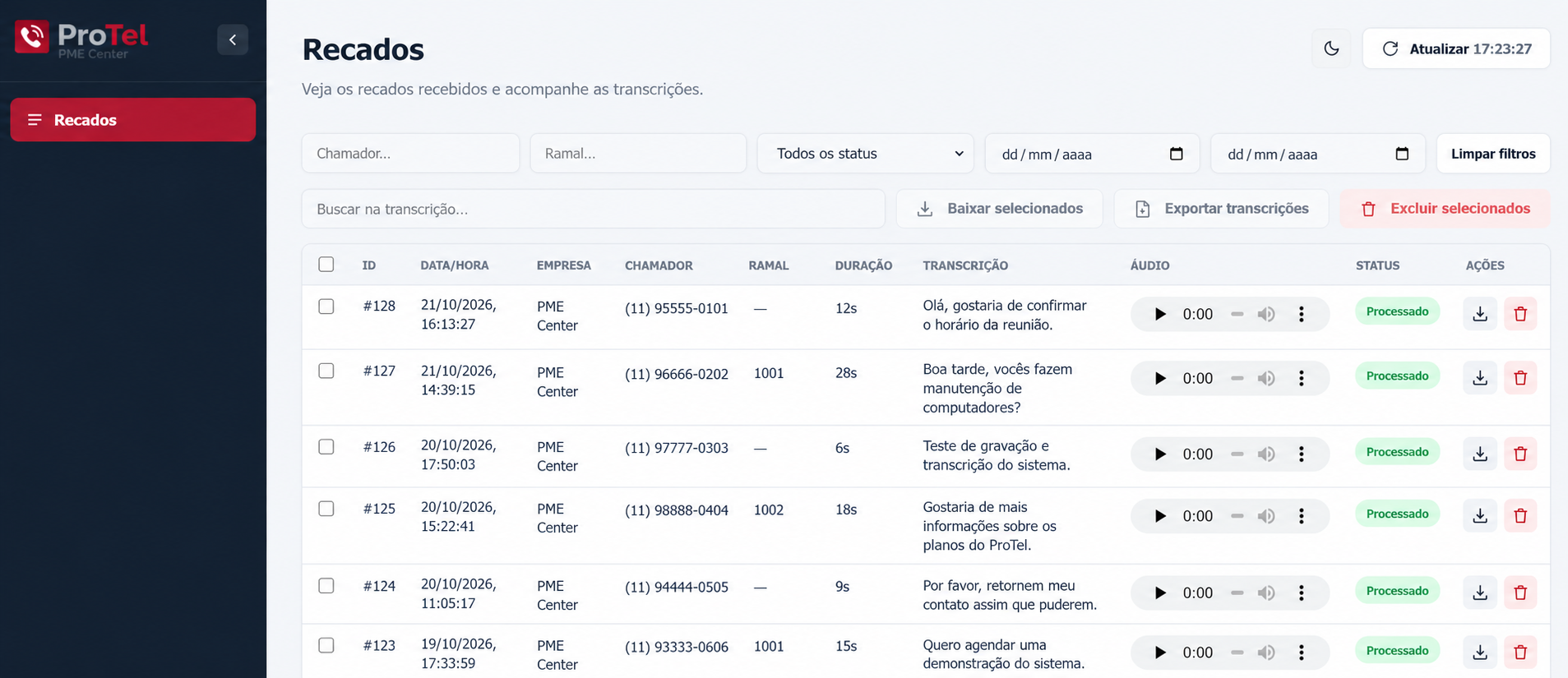 Exemplo do painel ProTel mostrando uma lista de recados, transcrições e controles de áudio
